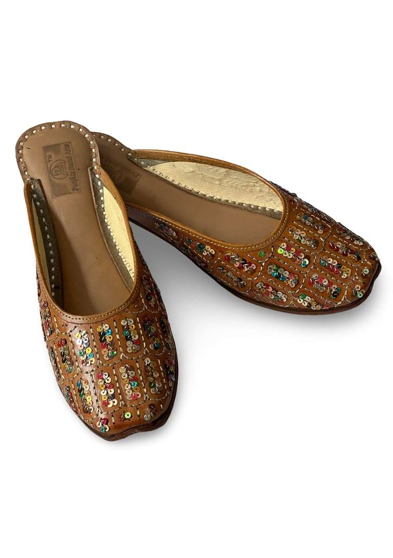 Punjabis Hand Art Brown PHA Womes Traditional Sequined Leather Mojari - Indya