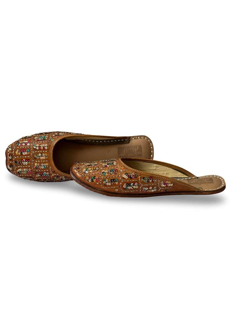 Punjabis Hand Art Brown PHA Womes Traditional Sequined Leather Mojari - Indya