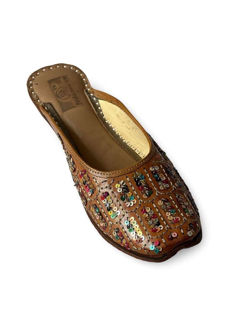 Punjabis Hand Art Brown PHA Womes Traditional Sequined Leather Mojari - Indya
