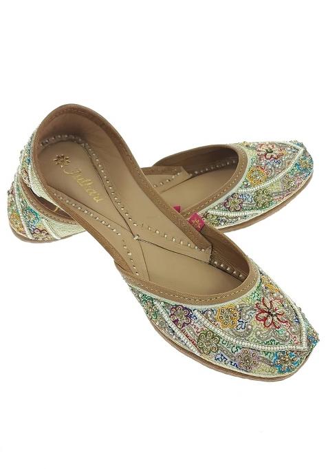 Fulkari Women Gazania Gold Multicolor Genuine Soft Leather Embroidered Jutis