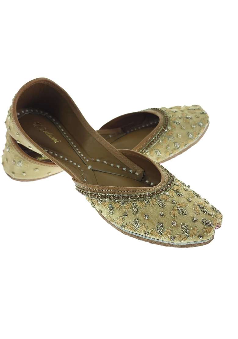 Fulkari Women Ming Skin Gold Genuine Soft Leather Embroidered Jutis - Indya