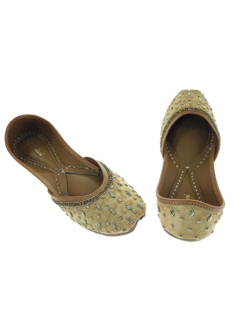 Fulkari Women Ming Skin Gold Genuine Soft Leather Embroidered Jutis - Indya