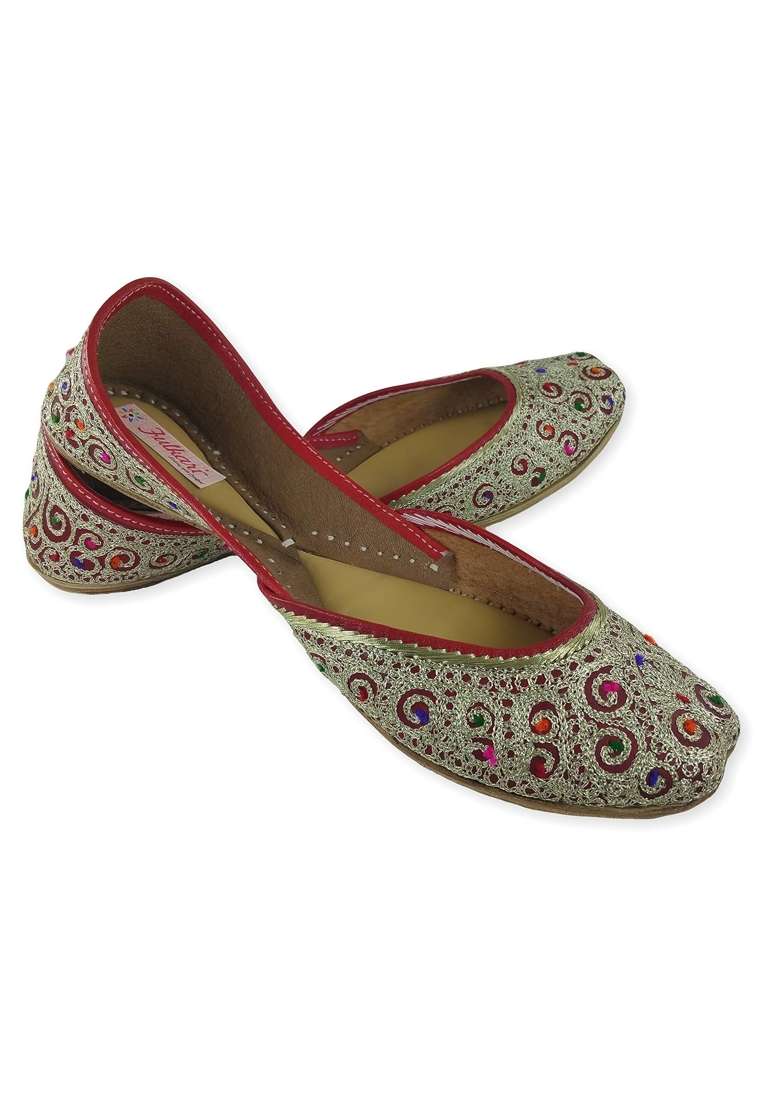 Fulkari Womens Soft Leather Bite and Pinch Free Daisy Office Wear Gold Embroidered Flat Jutti Ethnic Shoe - Indya