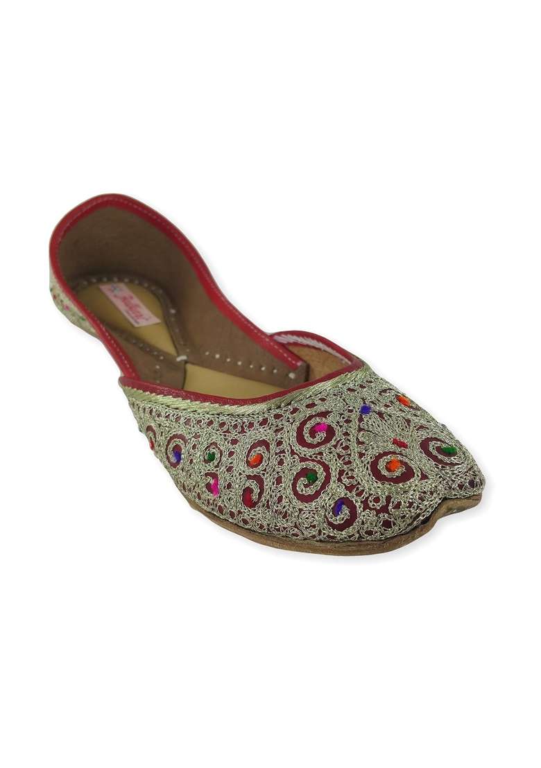 Fulkari Womens Soft Leather Bite and Pinch Free Daisy Office Wear Gold Embroidered Flat Jutti Ethnic Shoe - Indya