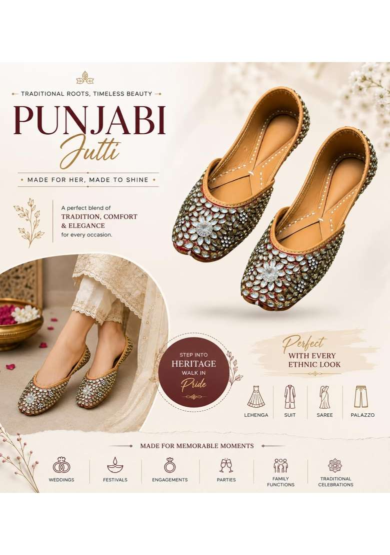 Multicolor Womens Punjabi Jutti Embellished Traditional Flat Jutti - Indya