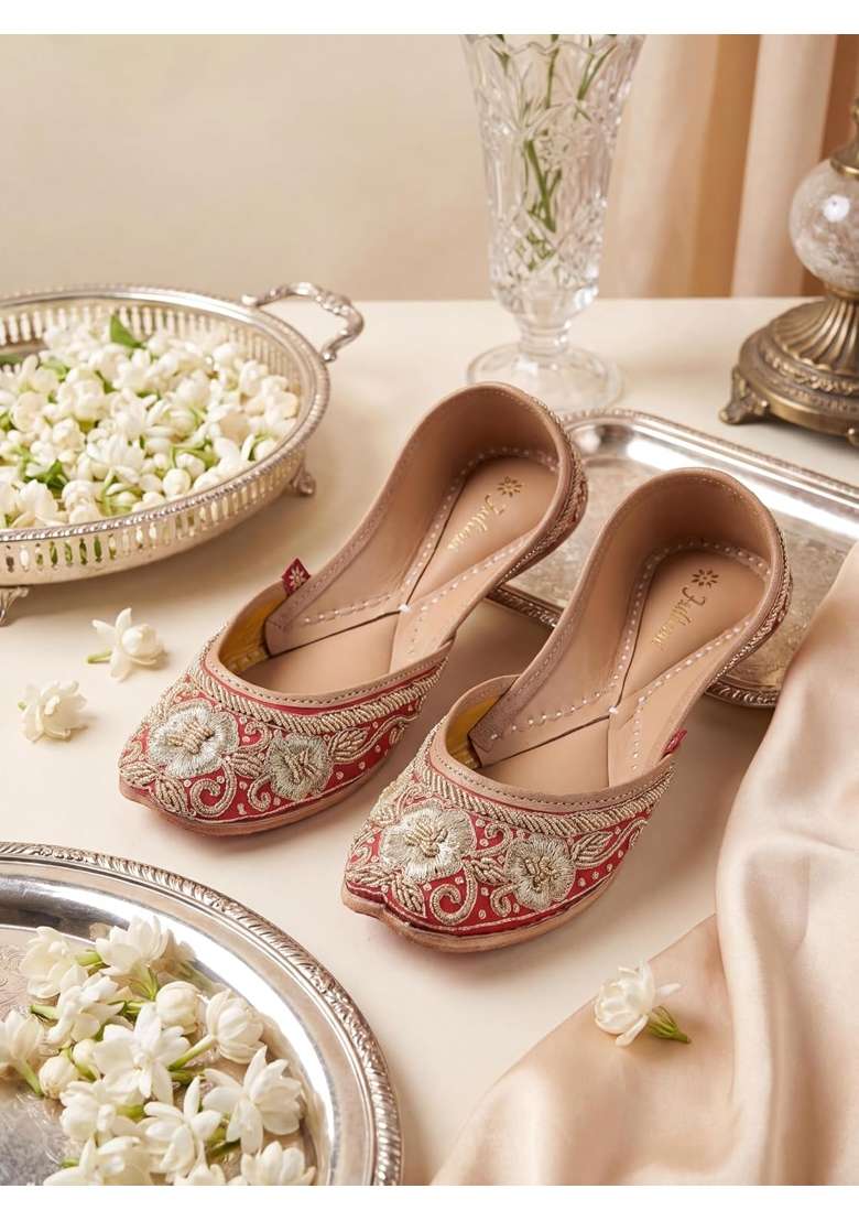 Fulkari Womens Flower Zarri Embroidered Gold Juttis Elegant Wedding and Formal Flats - Indya