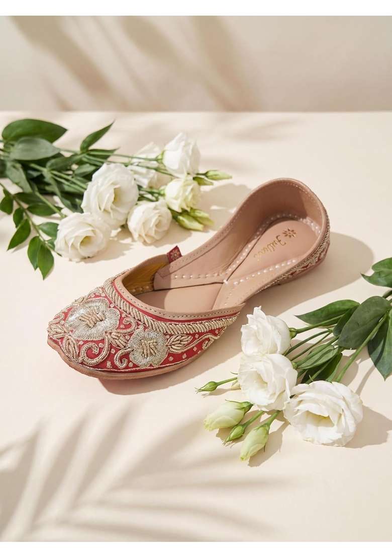 Fulkari Womens Flower Zarri Embroidered Gold Juttis Elegant Wedding and Formal Flats - Indya