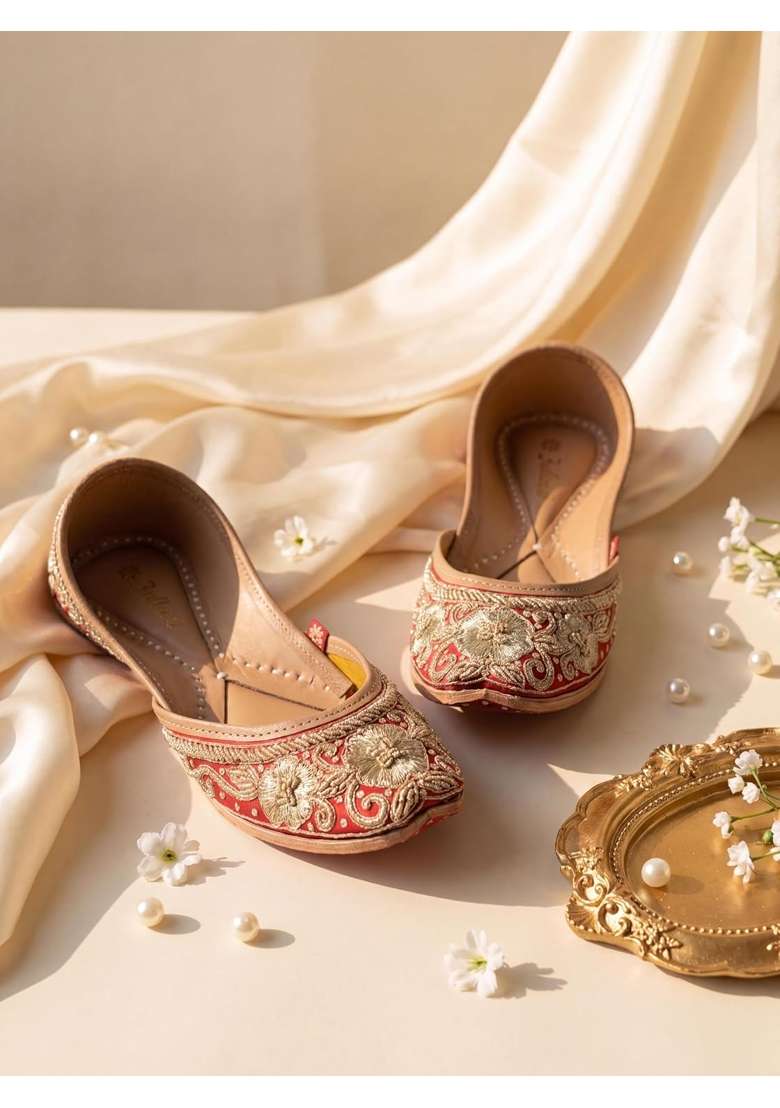Fulkari Womens Flower Zarri Embroidered Gold Juttis Elegant Wedding and Formal Flats - Indya