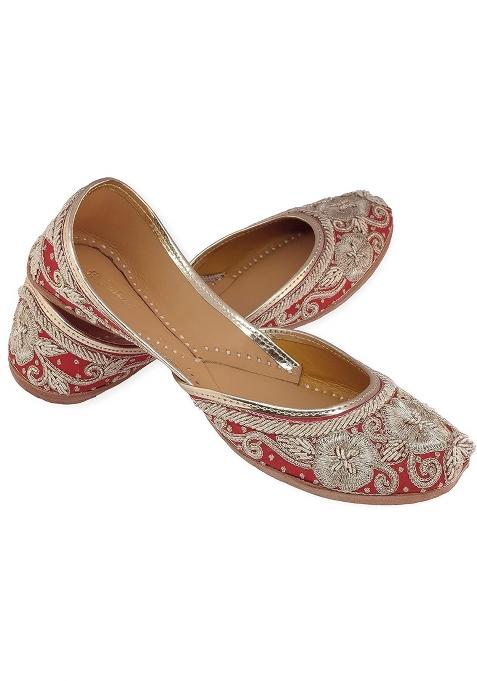 Fulkari Womens Flower Zarri Embroidered Gold Juttis Elegant Wedding and Formal Flats