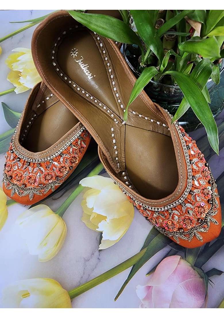 Fulkari Women Laltena Orange Gold Genuine Soft Leather Embroidered Jutis - Indya