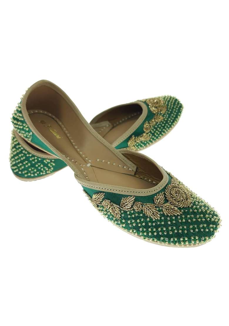 Fulkari Women Twinkle Zink Gold Genuine Soft Leather Embroidered Jutis - Indya
