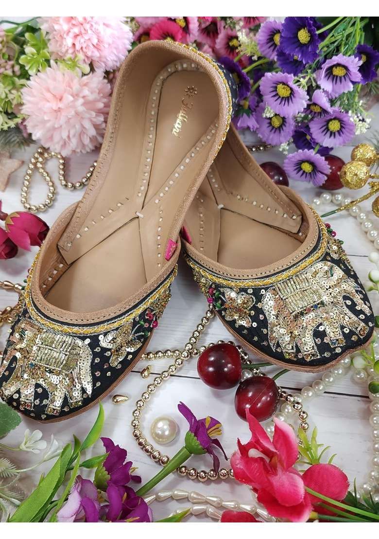 Fulkari Womens Elephant Soft Leather Embroidered Jutis Bite and Pinch Free Jutti - Indya