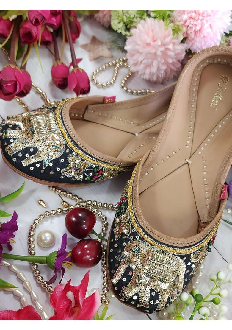 Fulkari Womens Elephant Soft Leather Embroidered Jutis Bite and Pinch Free Jutti - Indya