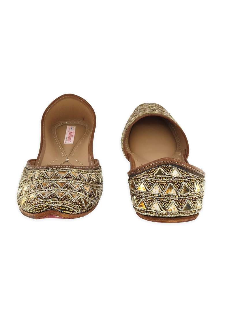 Fulkari Womens Triangle Mirror Gold Genuine Soft Leather Jutis - Indya