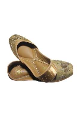 4S Womens Olive Gold Silk Handcrafted Floral Zardozi Embroidered Punjabi Jutti