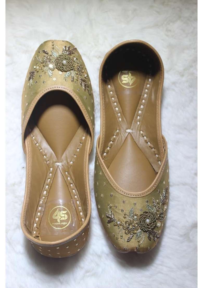 4S Womens Olive Gold Silk Handcrafted Floral Zardozi Embroidered Punjabi Jutti - Indya