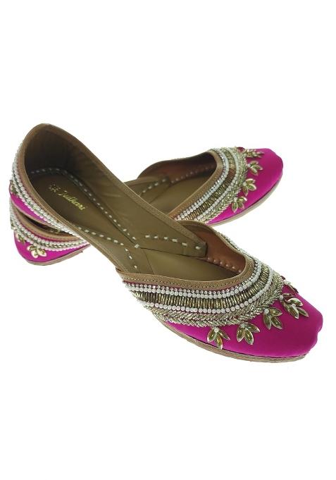Fulkari Women Blossom Magenta Gold Genuine Soft Leather Embroidered Jutis