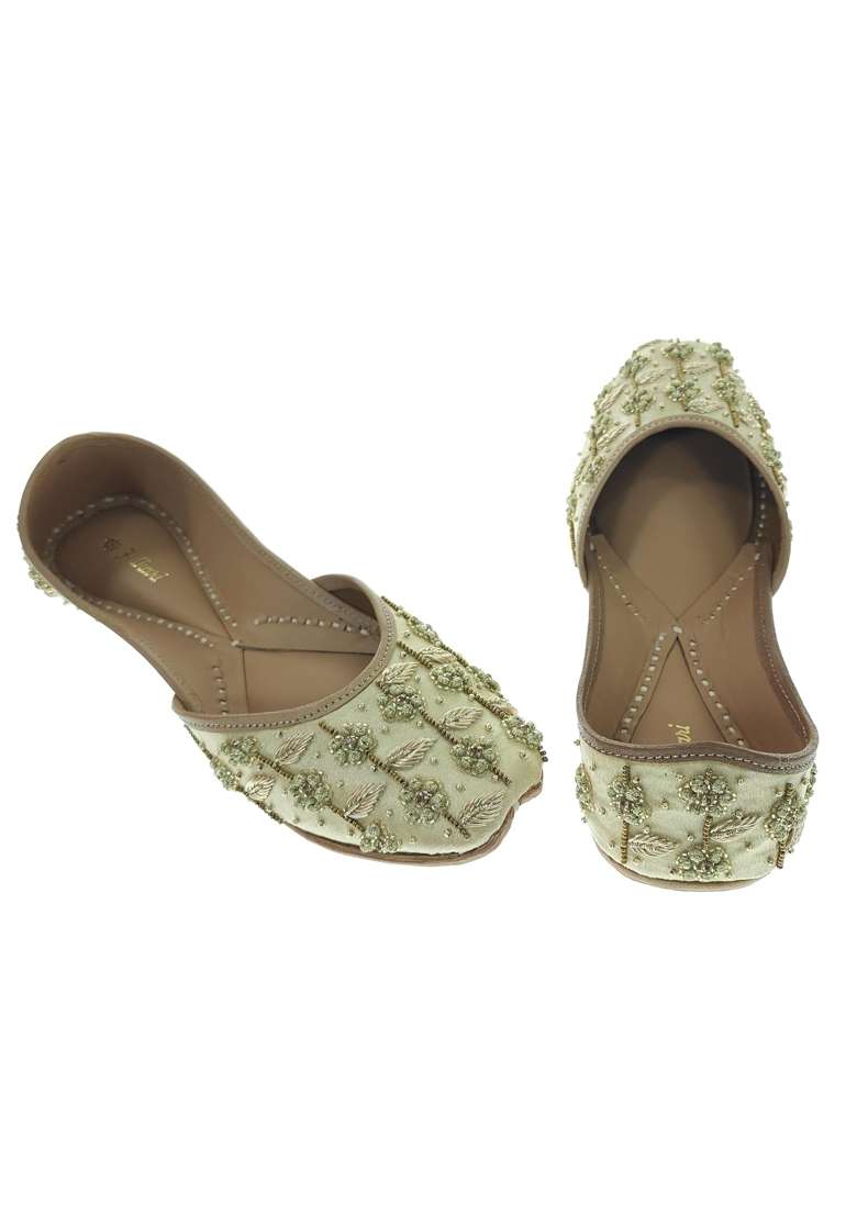 Fulkari Women Knot Flower Gold Genuine Soft Leather Embroidered Jutis - Indya