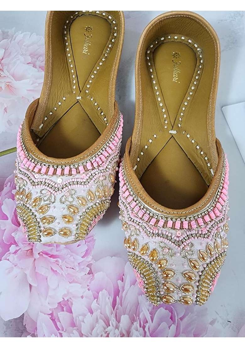 Fulkari Women Clivia Pink Gold Genuine Soft Leather Embroidered Jutis - Indya