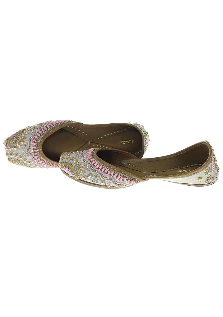 Fulkari Women Clivia Pink Gold Genuine Soft Leather Embroidered Jutis - Indya