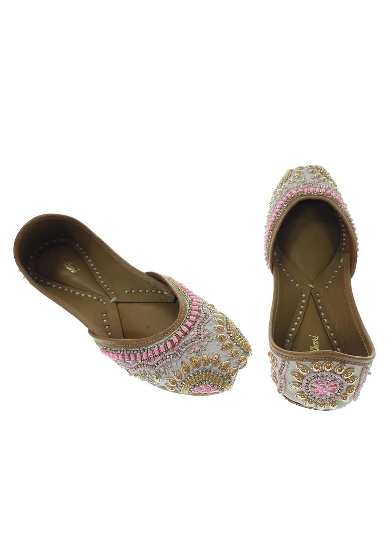 Fulkari Women Clivia Pink Gold Genuine Soft Leather Embroidered Jutis - Indya