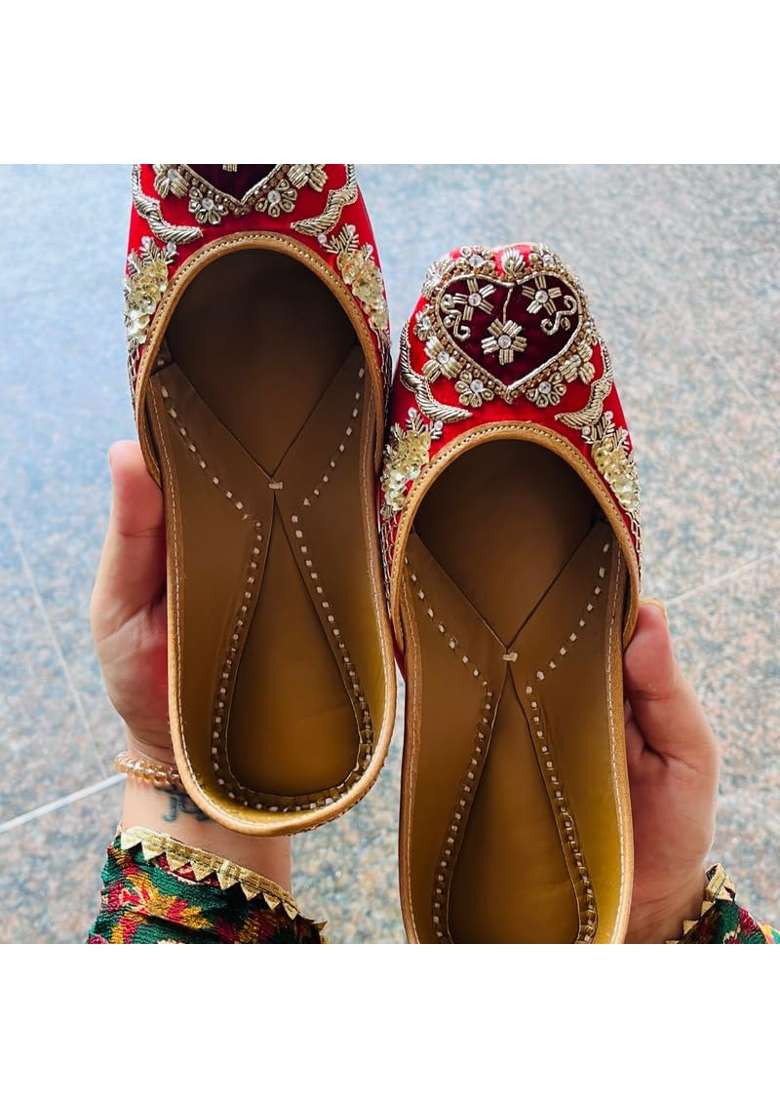 Loryphilory Maroon Embroidered Jutti for Women Handcrafted Womens Flats with Heart Shaped Rhinestone Accents - Indya