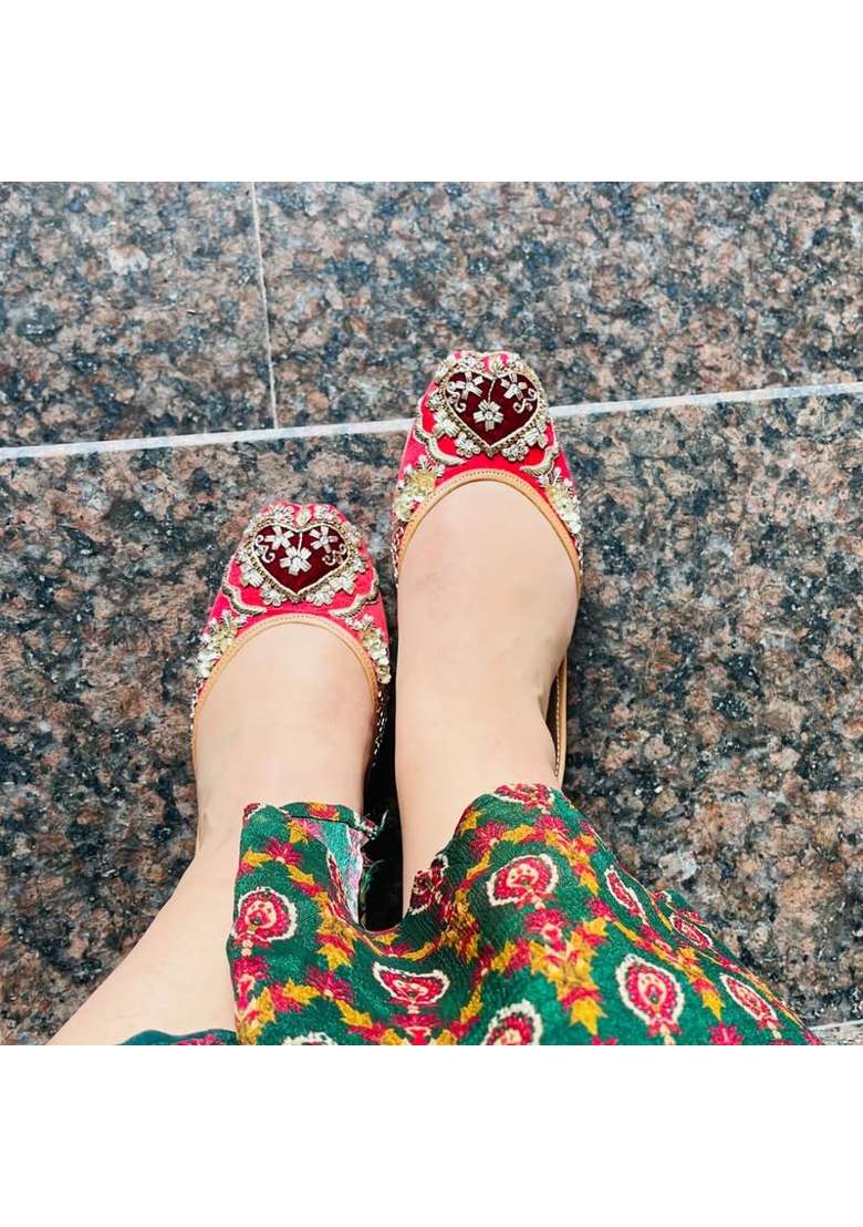 Loryphilory Maroon Embroidered Jutti for Women Handcrafted Womens Flats with Heart Shaped Rhinestone Accents - Indya