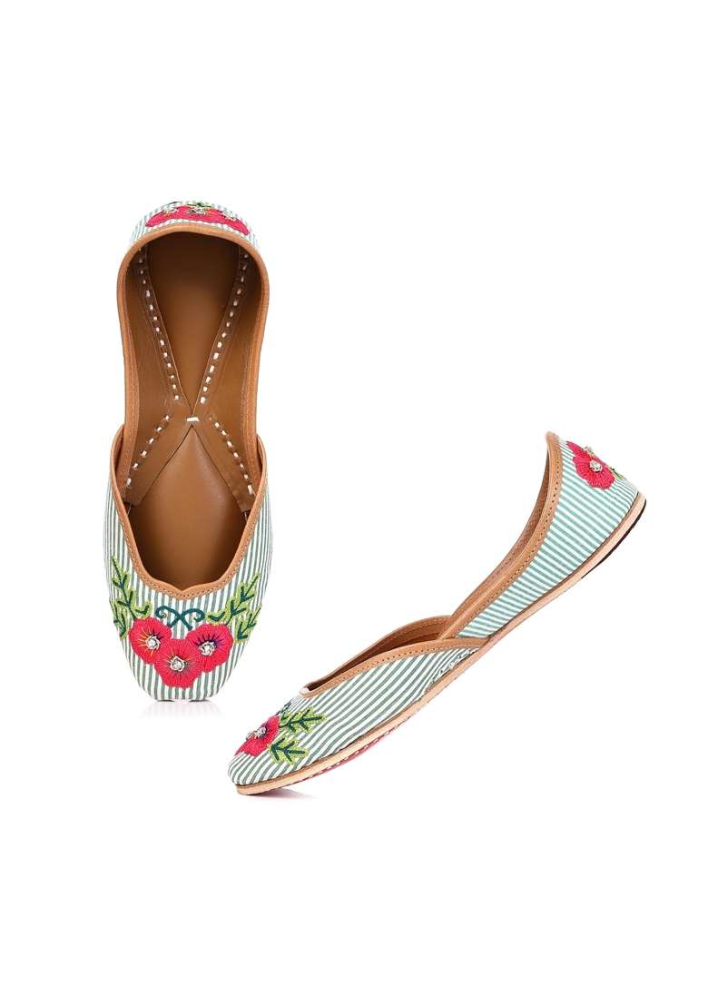 Sandoori Jutti Summer Special Green Stripes and Floral Jooti for Ladies Pure Leather Flat Shoes Mojari Mojdi - Indya