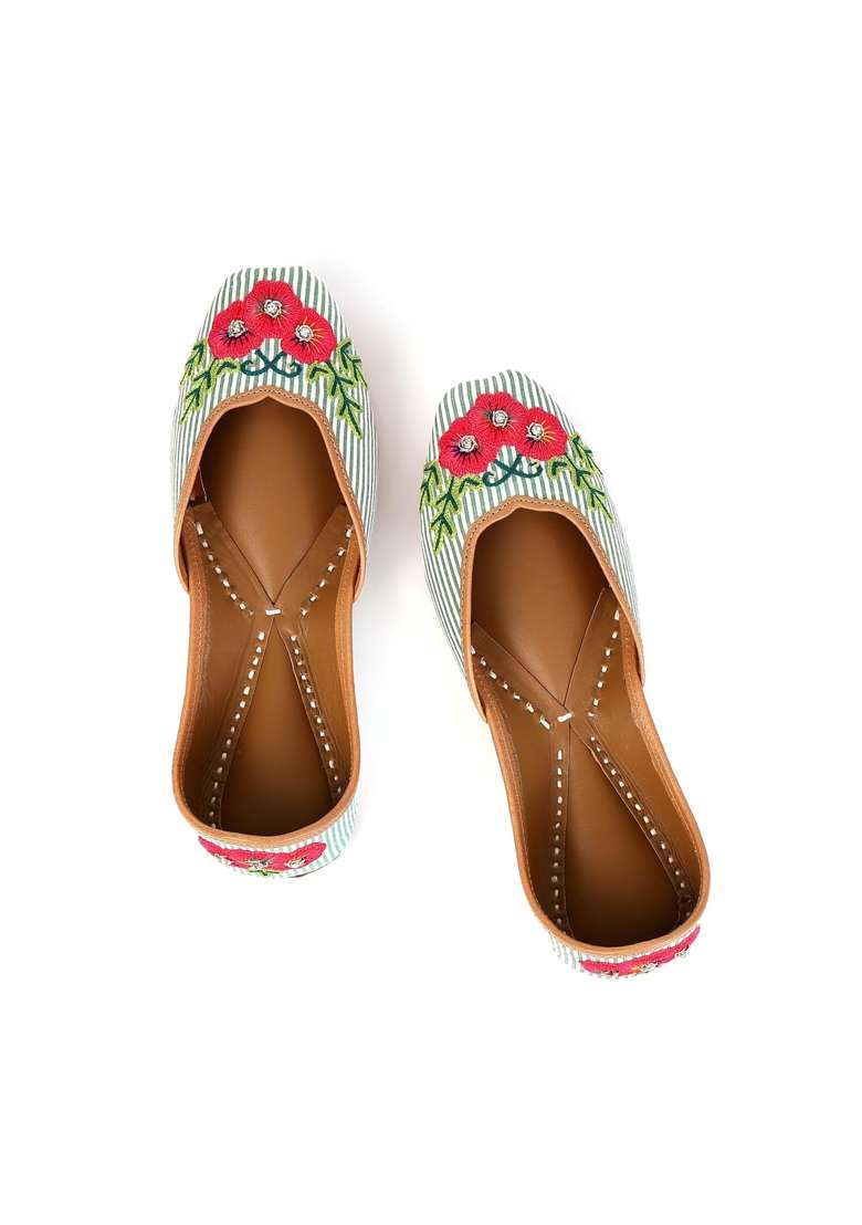 Sandoori Jutti Summer Special Green Stripes and Floral Jooti for Ladies Pure Leather Flat Shoes Mojari Mojdi - Indya