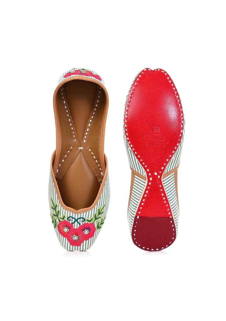 Sandoori Jutti Summer Special Green Stripes and Floral Jooti for Ladies Pure Leather Flat Shoes Mojari Mojdi - Indya