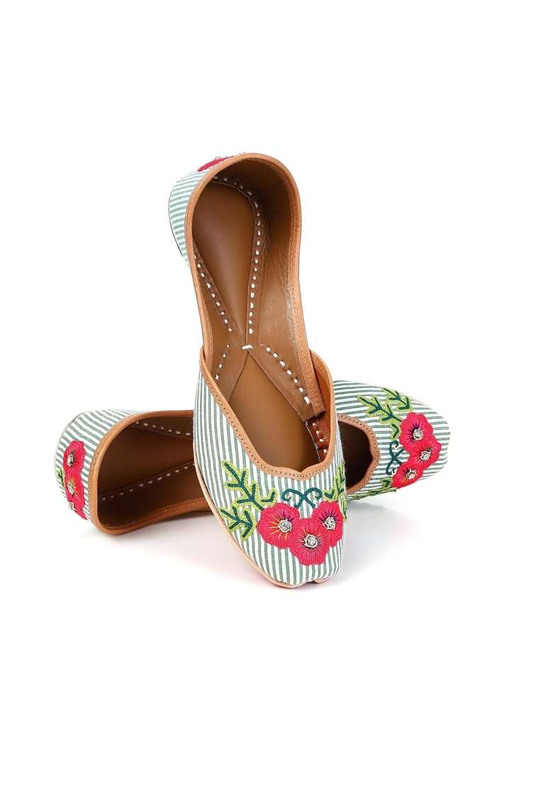 Sandoori Jutti Summer Special Green Stripes and Floral Jooti for Ladies Pure Leather Flat Shoes Mojari Mojdi - Indya