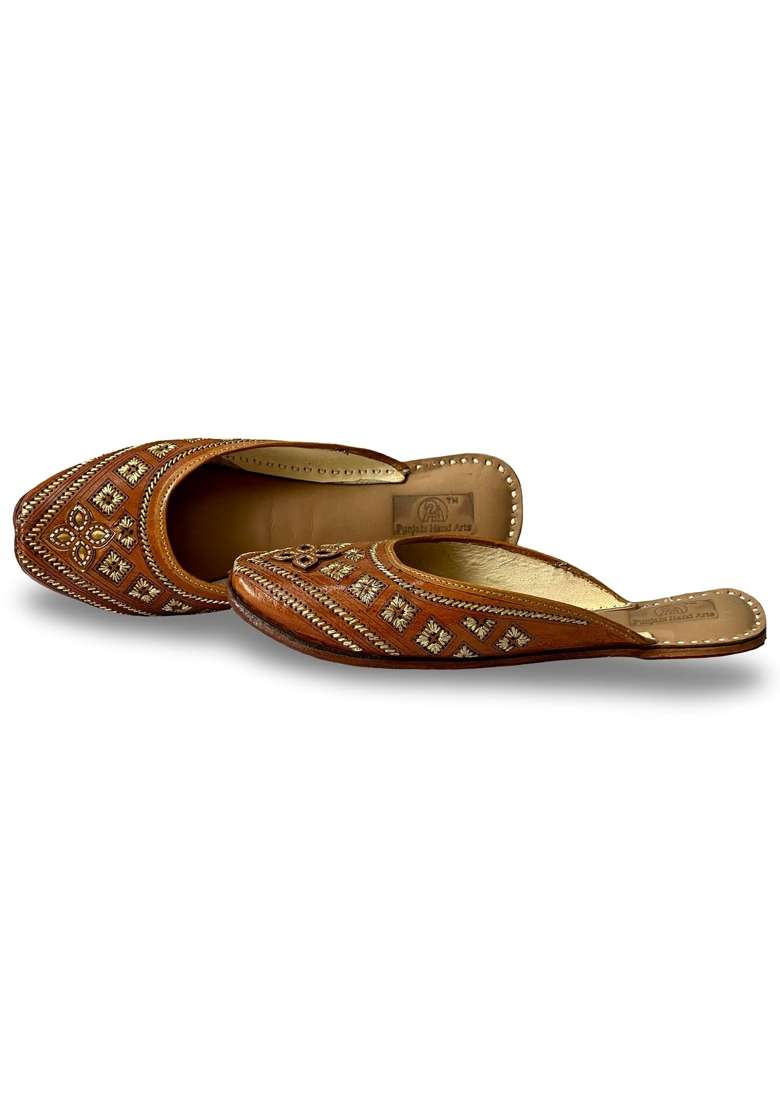 Punjabis Hand Art PHA Womens Traditional Handcrafted Leather Mules Brown with Gold Embroidery Back Open Jutti - Indya