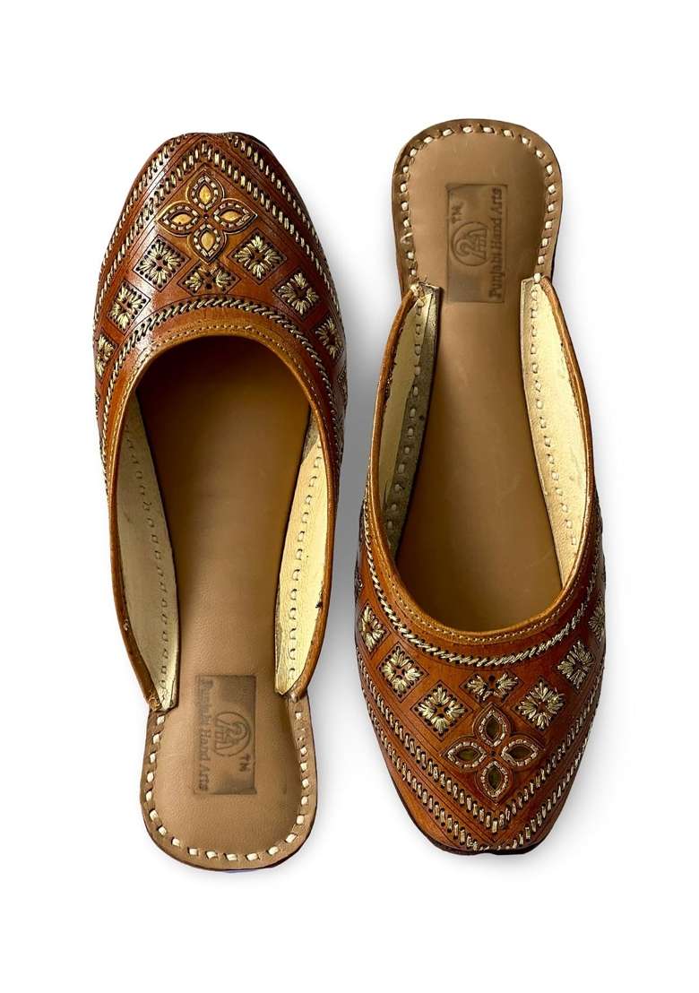 Punjabis Hand Art PHA Womens Traditional Handcrafted Leather Mules Brown with Gold Embroidery Back Open Jutti - Indya
