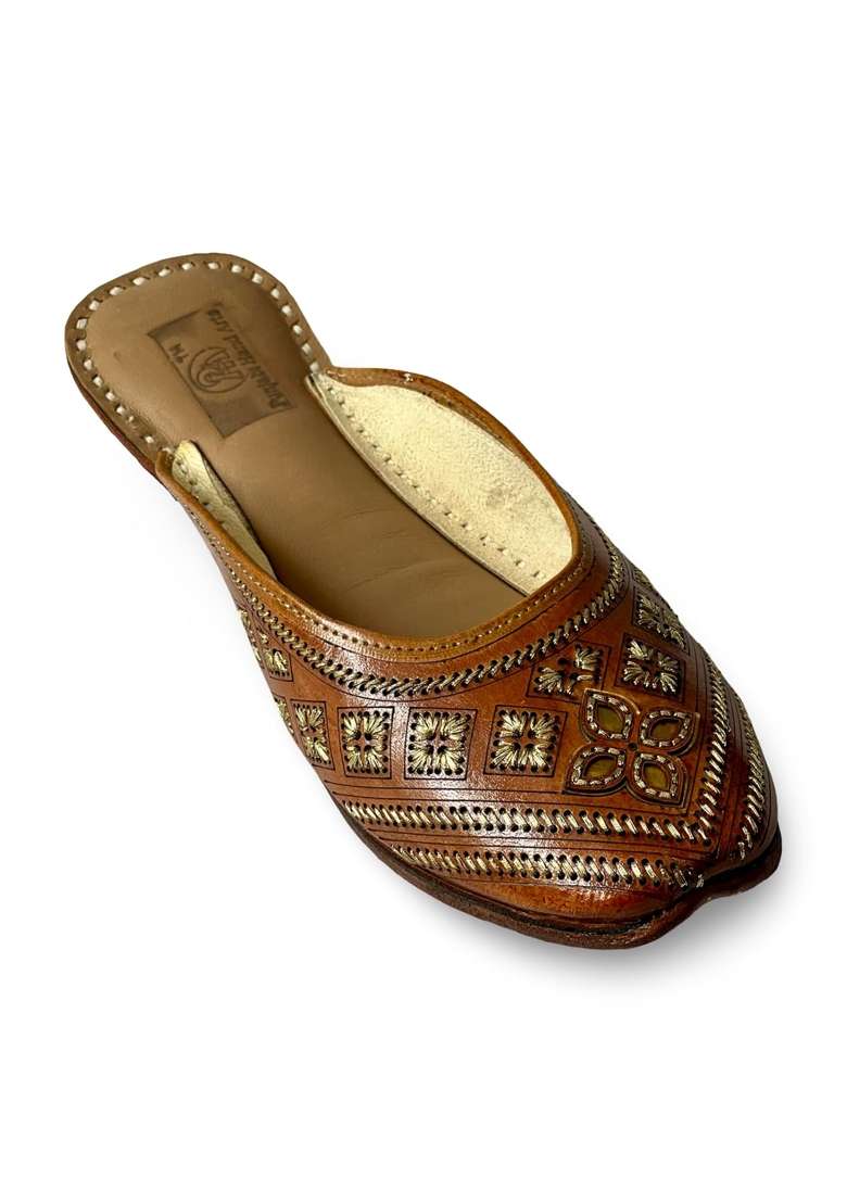 Punjabis Hand Art PHA Womens Traditional Handcrafted Leather Mules Brown with Gold Embroidery Back Open Jutti - Indya