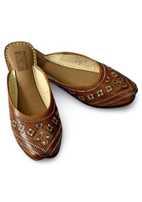 Punjabis Hand Art PHA Womens Traditional Handcrafted Leather Mules Brown with Gold Embroidery Back Open Jutti