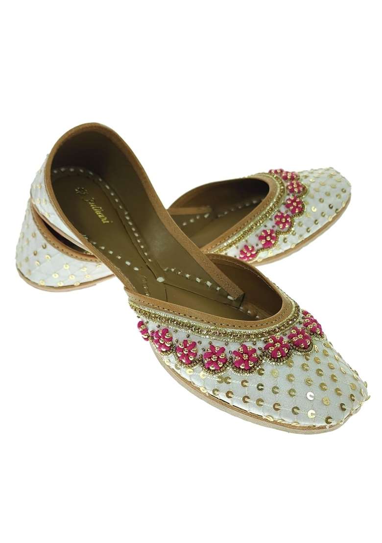 Fulkari Women Celosia Beige Gold Genuine Soft Leather Embroidered Jutis - Indya