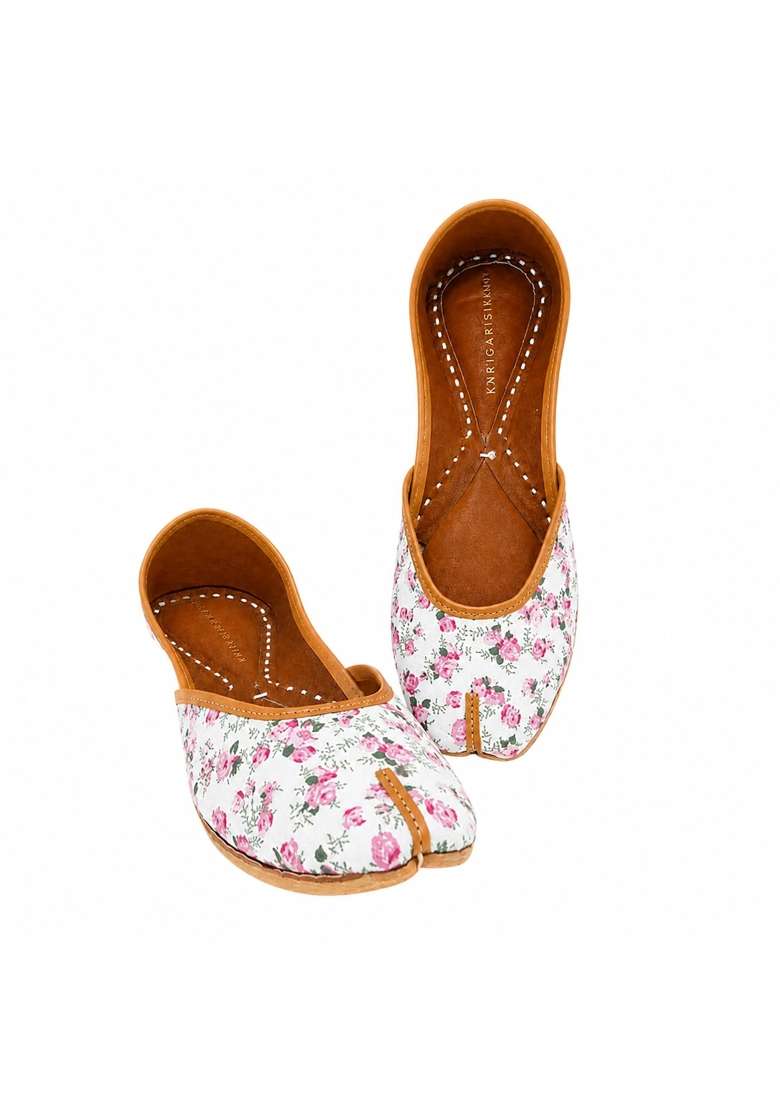 Karigars Knot the Tea Rose Handcrafted Printed Jutti for Women Floral Cotton Blend Vegan Leather Sole Slip - Indya