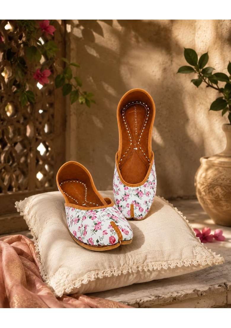 Karigars Knot the Tea Rose Handcrafted Printed Jutti for Women Floral Cotton Blend Vegan Leather Sole Slip - Indya