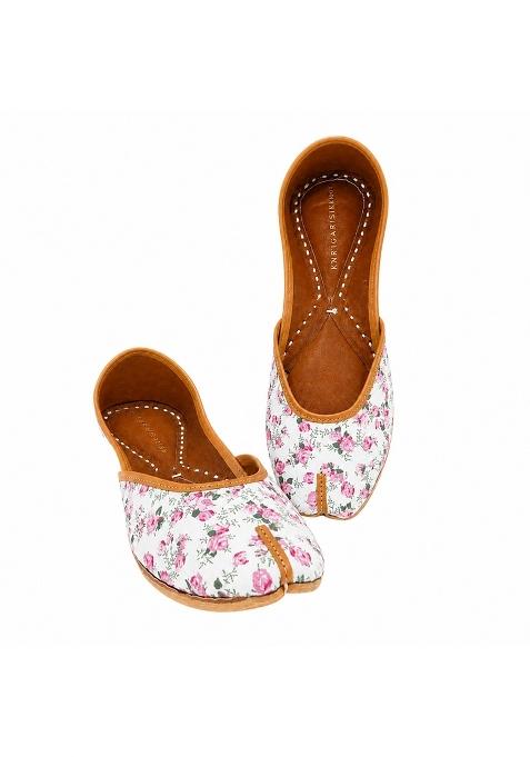 Karigars Knot the Tea Rose Handcrafted Printed Jutti for Women Floral Cotton Blend Vegan Leather Sole Slip
