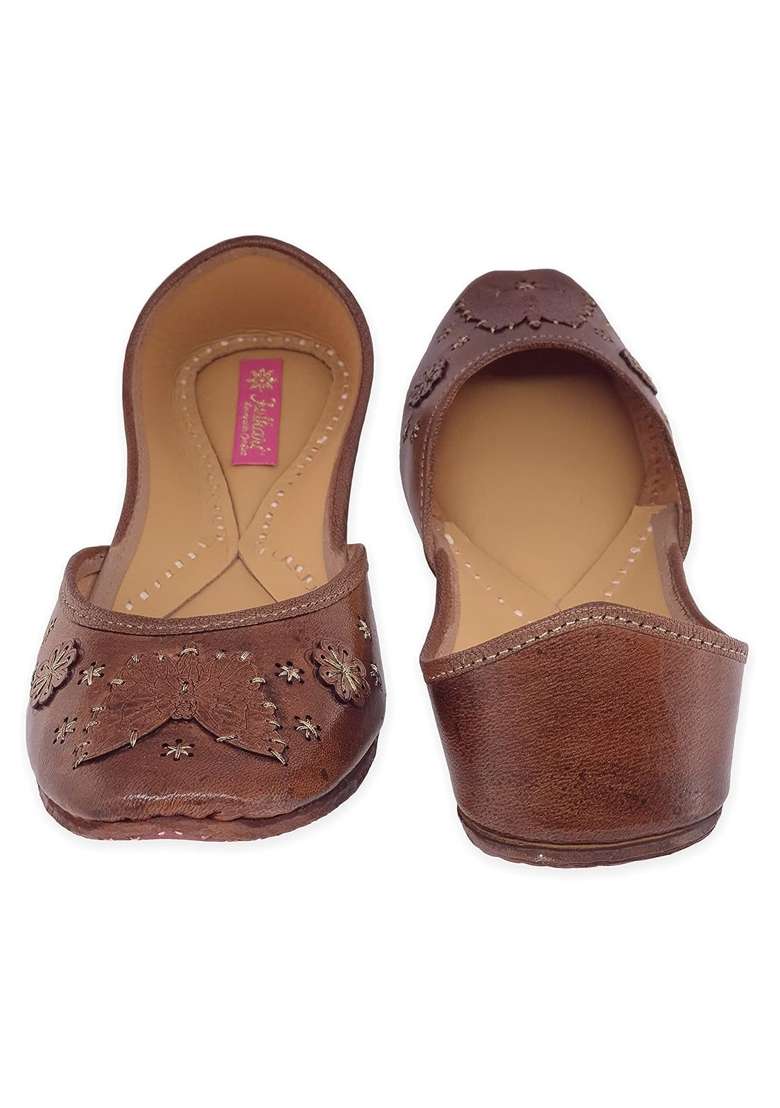 Fulkari Womens 3D Butterfly Gold Zarriwork Genuine Soft Leather Jutis - Indya