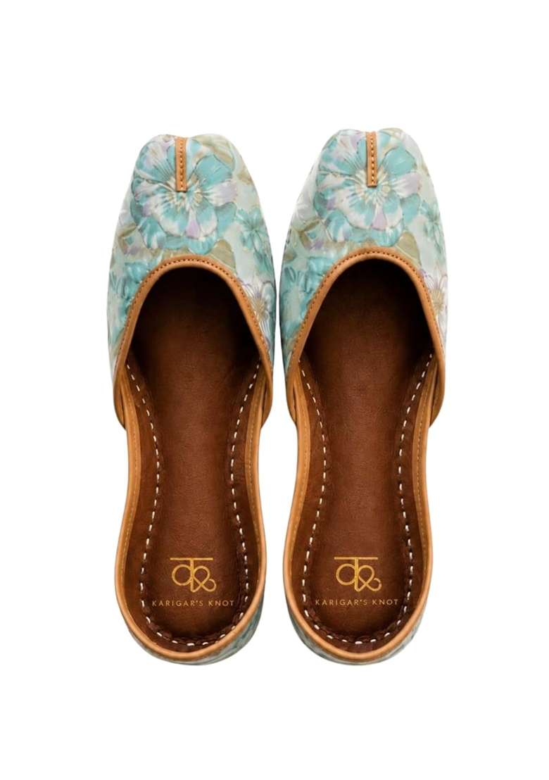 Karigars Knot Indigo Azure Handcrafted Printed Jutti Floral Digital Print Cotton Blend Vegan Leather Sole - Indya