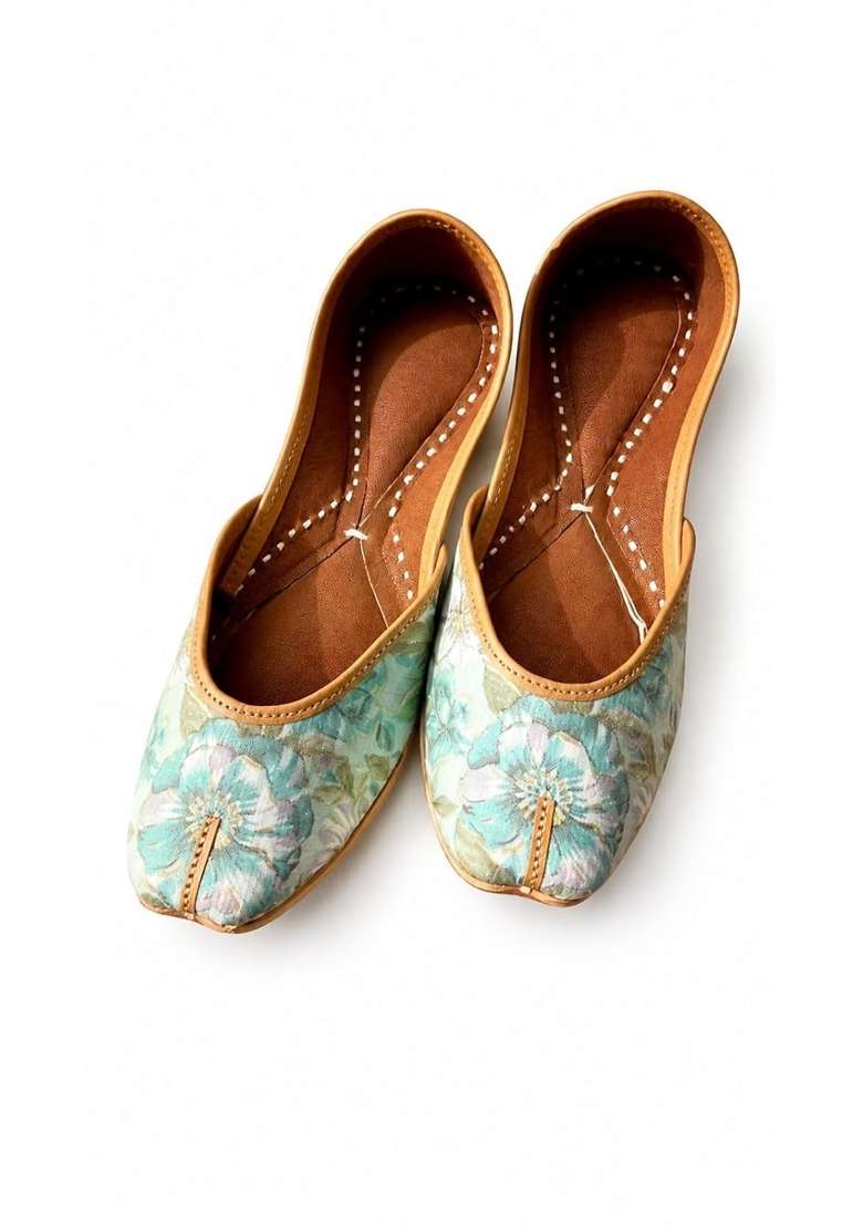 Karigars Knot Indigo Azure Handcrafted Printed Jutti Floral Digital Print Cotton Blend Vegan Leather Sole - Indya