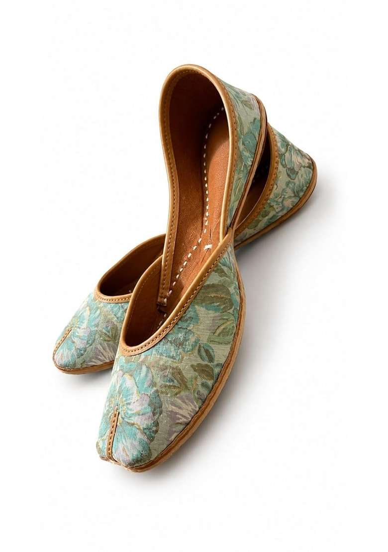 Karigars Knot Indigo Azure Handcrafted Printed Jutti Floral Digital Print Cotton Blend Vegan Leather Sole - Indya