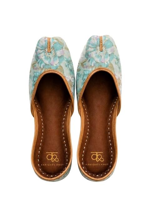 Karigars Knot Indigo Azure Handcrafted Printed Jutti Floral Digital Print Cotton Blend Vegan Leather Sole