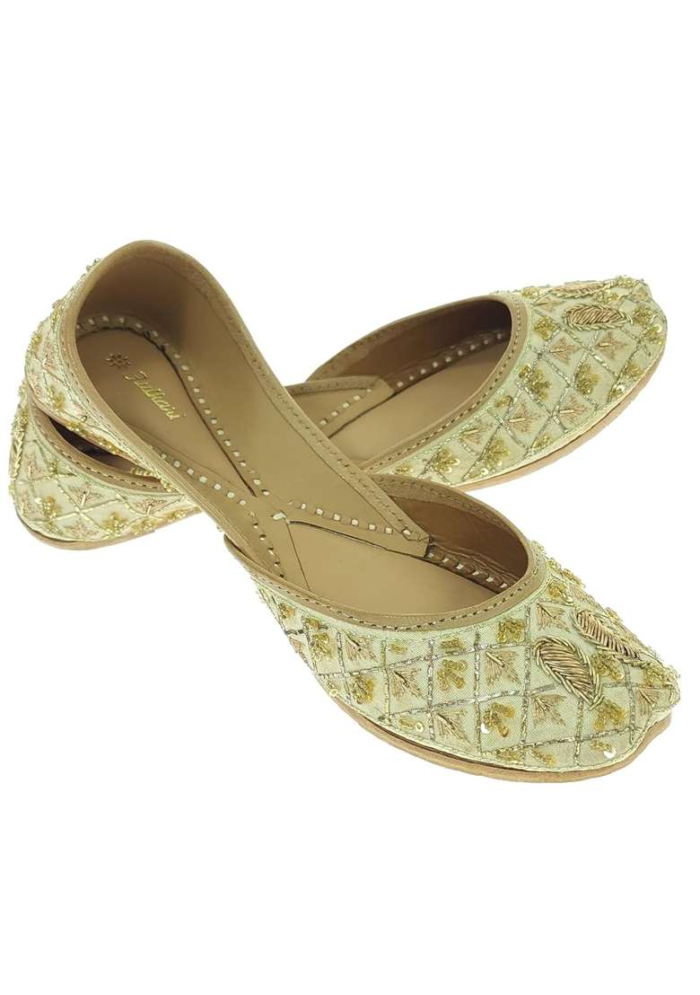 Fulkari Women Ambi Gold Genuine Soft Leather Embroidered Jutis - Indya