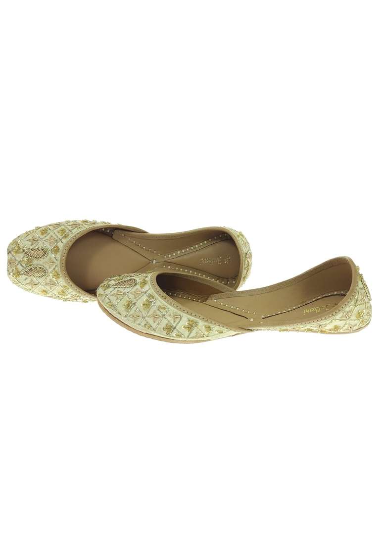 Fulkari Women Ambi Gold Genuine Soft Leather Embroidered Jutis - Indya