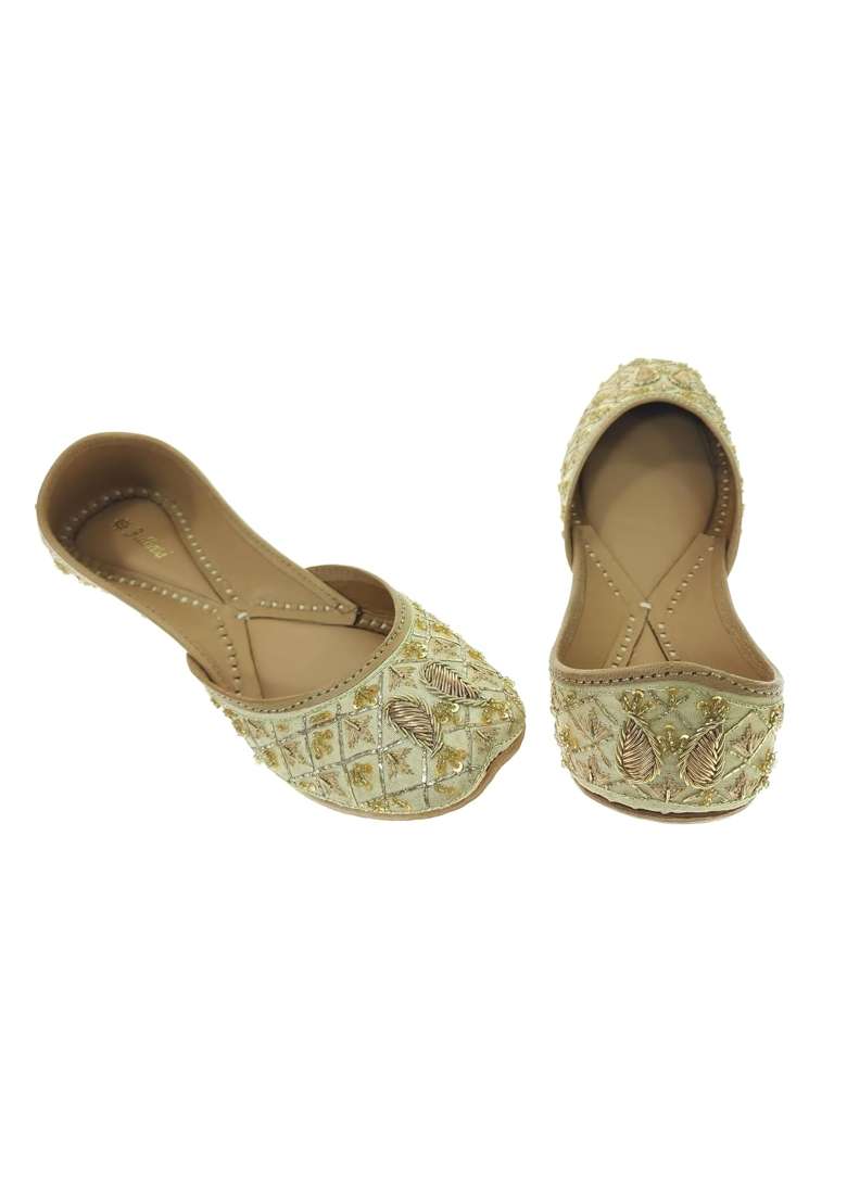 Fulkari Women Ambi Gold Genuine Soft Leather Embroidered Jutis - Indya