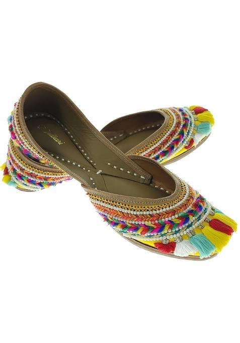 Fulkari Women Mamane Yellow Multicolor Genuine Soft Leather Embroidered Jutis