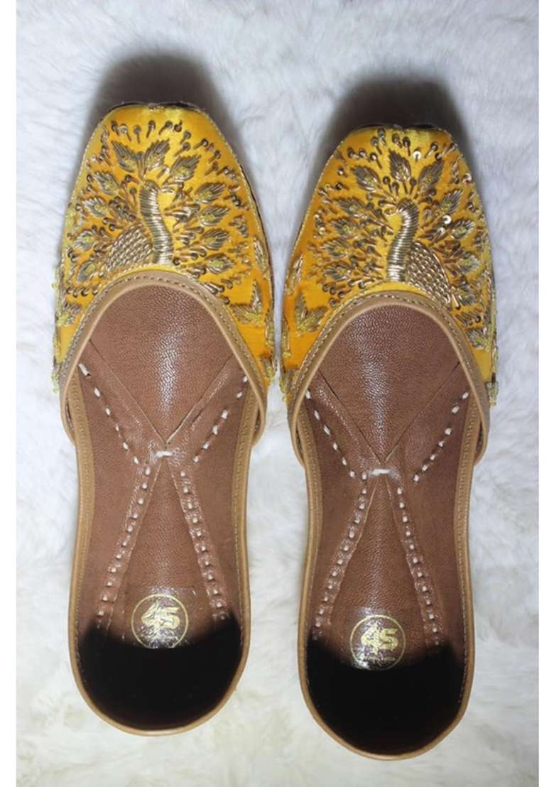 4S Womens Mustard Yellow Gold Embroidered Punjabi Jutti Traditional Kiwi Leather Flat Sandals - Indya