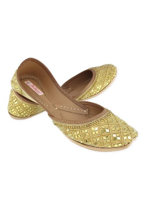 Fulkari Womens Iris Mirror Gold Genuine Soft Leather Jutis Bite and Pinch Free Juttis